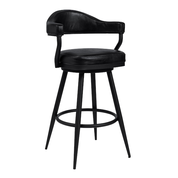 Armen Living Justin 30" Bar Height Swivel Vintage Black Faux Leather Bar Stool with Black Metal Legs LCJTBABLVB30 - main